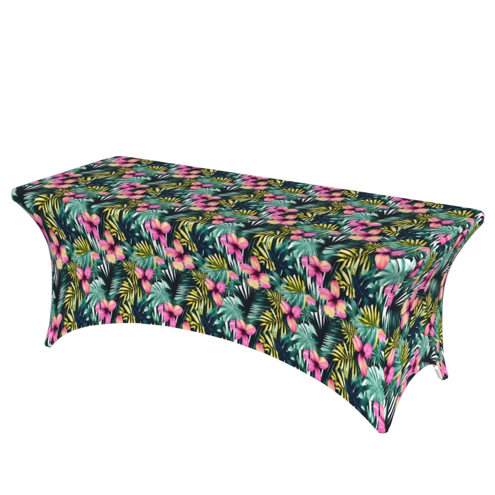 NImongt Tropical Summer Hawaiian Flower Palm Leaves Print Elastic Rectangular Tablecloth Holidays Family Banquet Wedding Party Table Cover