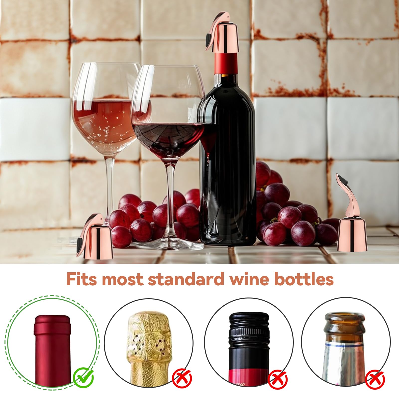 QINGYIWL 3 Pezzi Tappi Bottiglie Vino, Tappi Vino in Acciaio Inox, Riutilizzabile Tappo Bottiglia Vino per Mantenere Fresco il Vino (Oro Rosa
