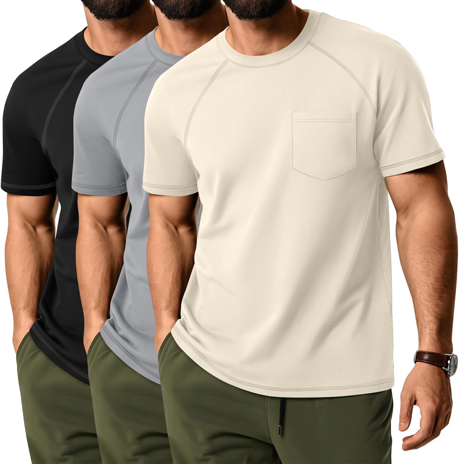 Neer 3 Pack Men's Short Sleeve T-Shirt, Casual Basic Crew Neck Tees Summer Solid Lightweight Shirts Pullover Tops with Pocket