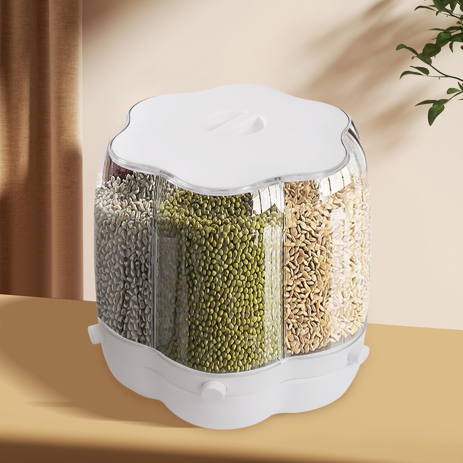 Dispensador de cereales con 6 rejillas, contenedor de arroz, dispensador de alimentos giratorio de 360°, dispensador grande redondo para alimentos secos, dispensador de arroz giratorio con