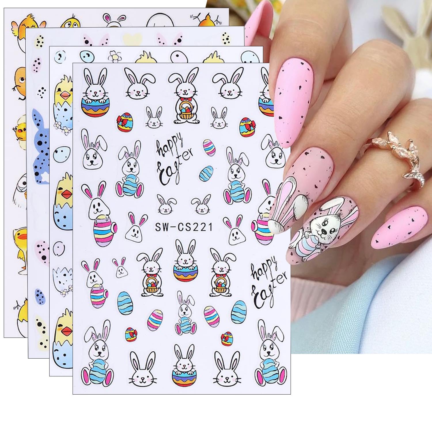 BSBTBZ 4Pcs Cartoon Nail Stickers - Easter Bunny Nail Art Decals, Paper, Self-Adhesive, Cartoon Style, Nail Decals