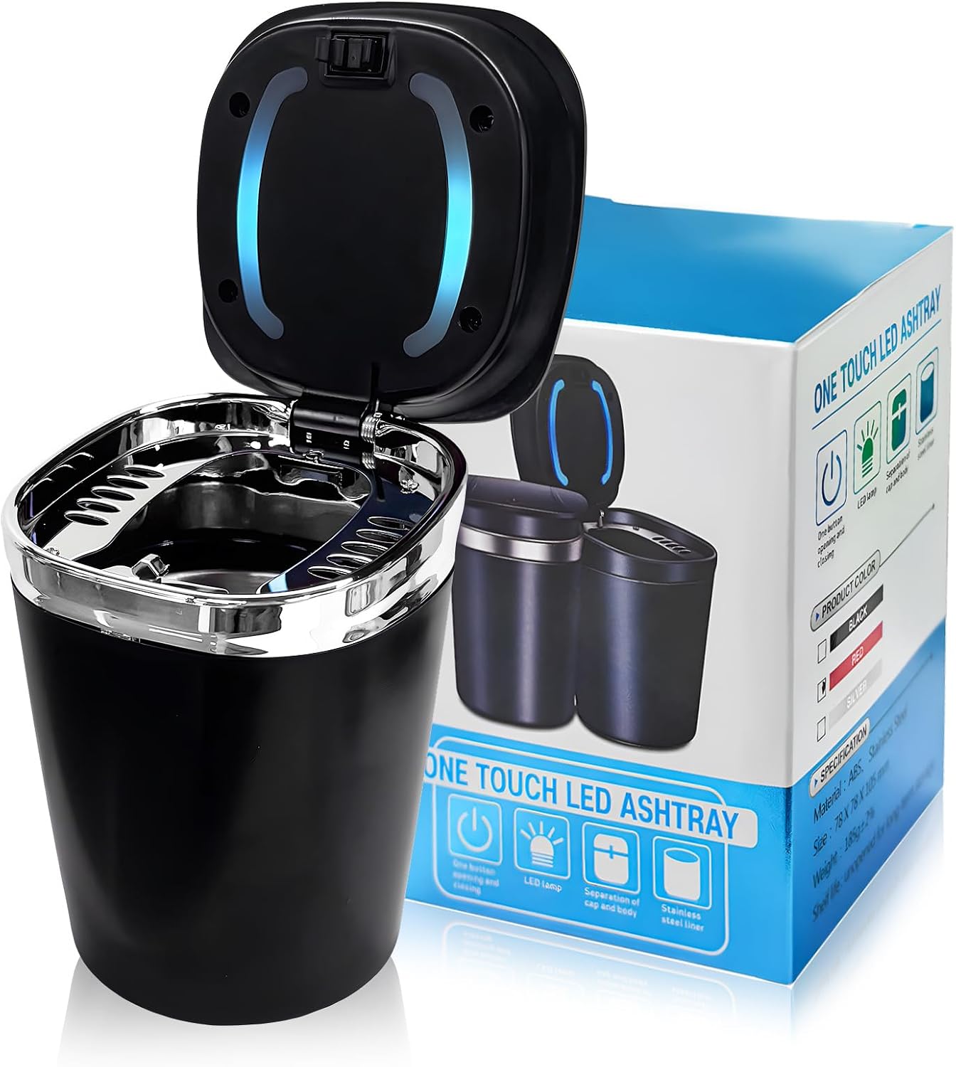 Car Ashtray with Lid, Detachable Smell Proof Mini Car Trash Can Ash Tray with LED Blue Light, Portable Smokeless Stainless Steel Ashtray for Vehicle Cup Holder Home Office (Red)