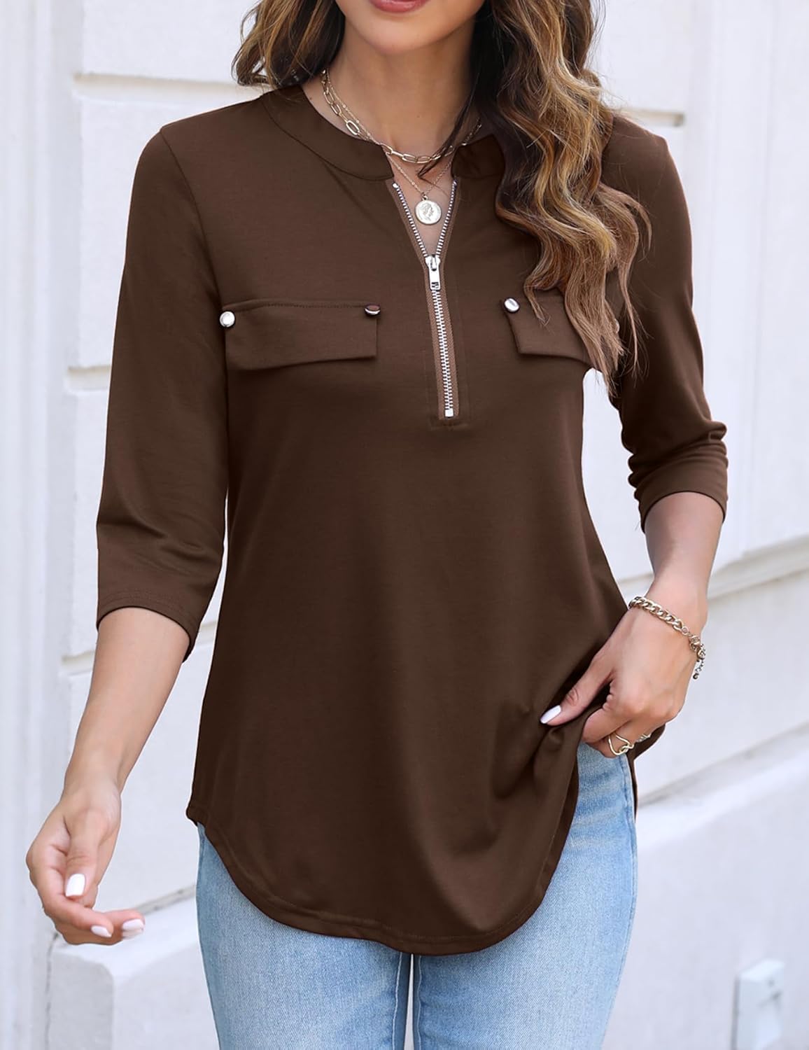 Halife Women's 3/4 Length Sleeve V Neck Flowy Tunic Blouses Work Tops Shirts with Zippers - Image 2