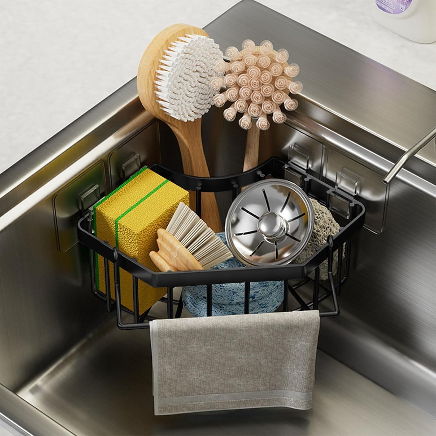 Corner Sink Sponge Drying Rack with Towel Bar Black Stainless Steel Multipurpose Kitchen Organizer Self-Adhesive Installation 6 3x6