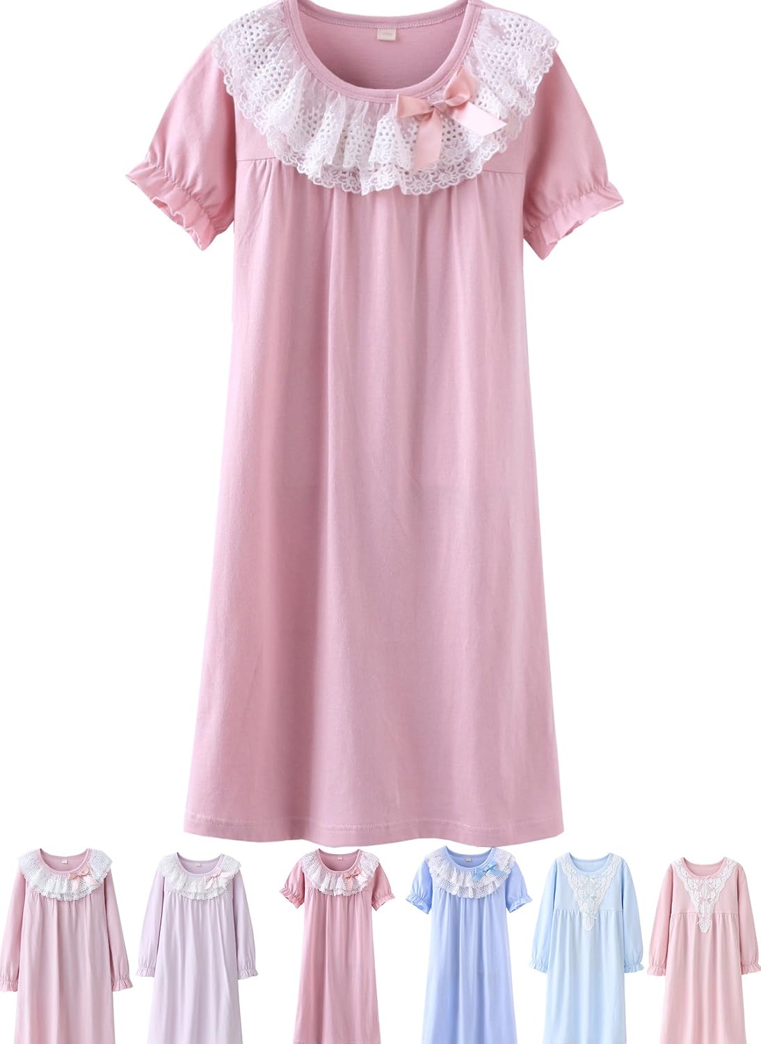 ABALACOCO Cotton Nightgown for Girls Short Long Sleeve Pajamas Dress Princess Kids Toddlers Pretty Lace Loose Sleepwear Dress