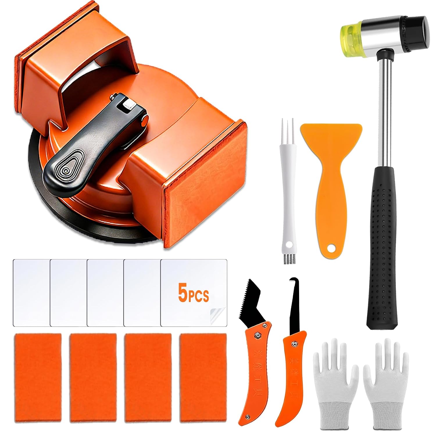 Floor Gap Fixer Tool Double 90° Suction Cup Flooring Repair Kit | Double 90° suction cup, sticky pads×5, felt pads×4, scrapers, brush, gloves, hammer for flooring repair use