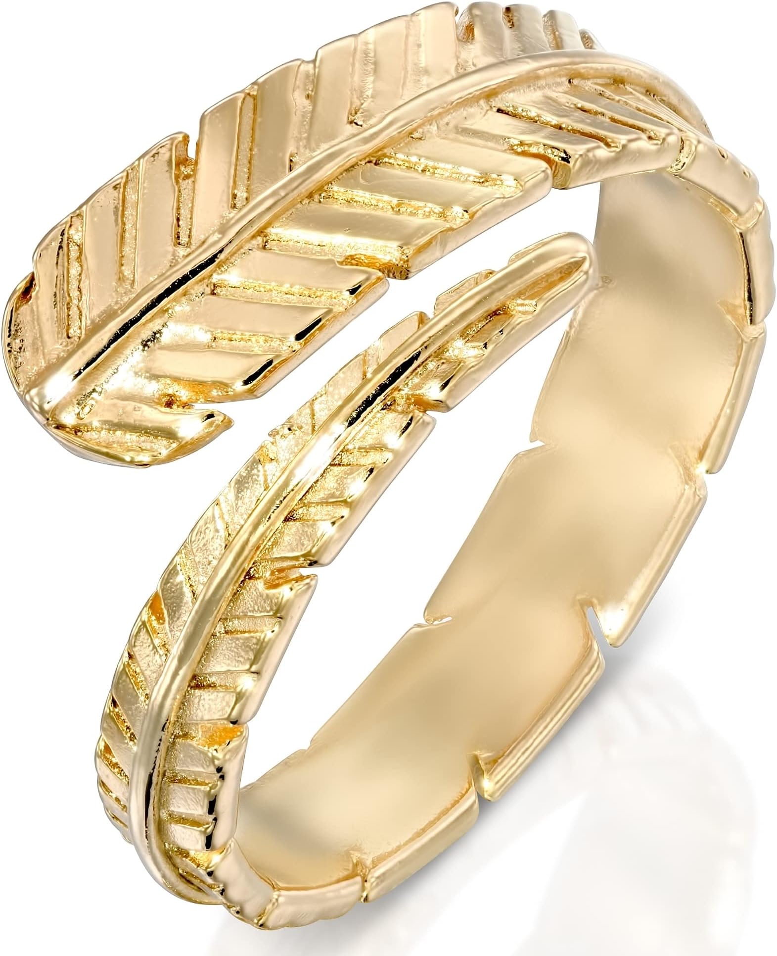 Adjustable Feather Ring - 14K Gold Plated over 925 Sterling Silver Customizable Open Ended Spiral Ring, Dainty Flexible Feather Ring, Wrap and Fit to Every Finger, Handmade Jewelry Rings for Women