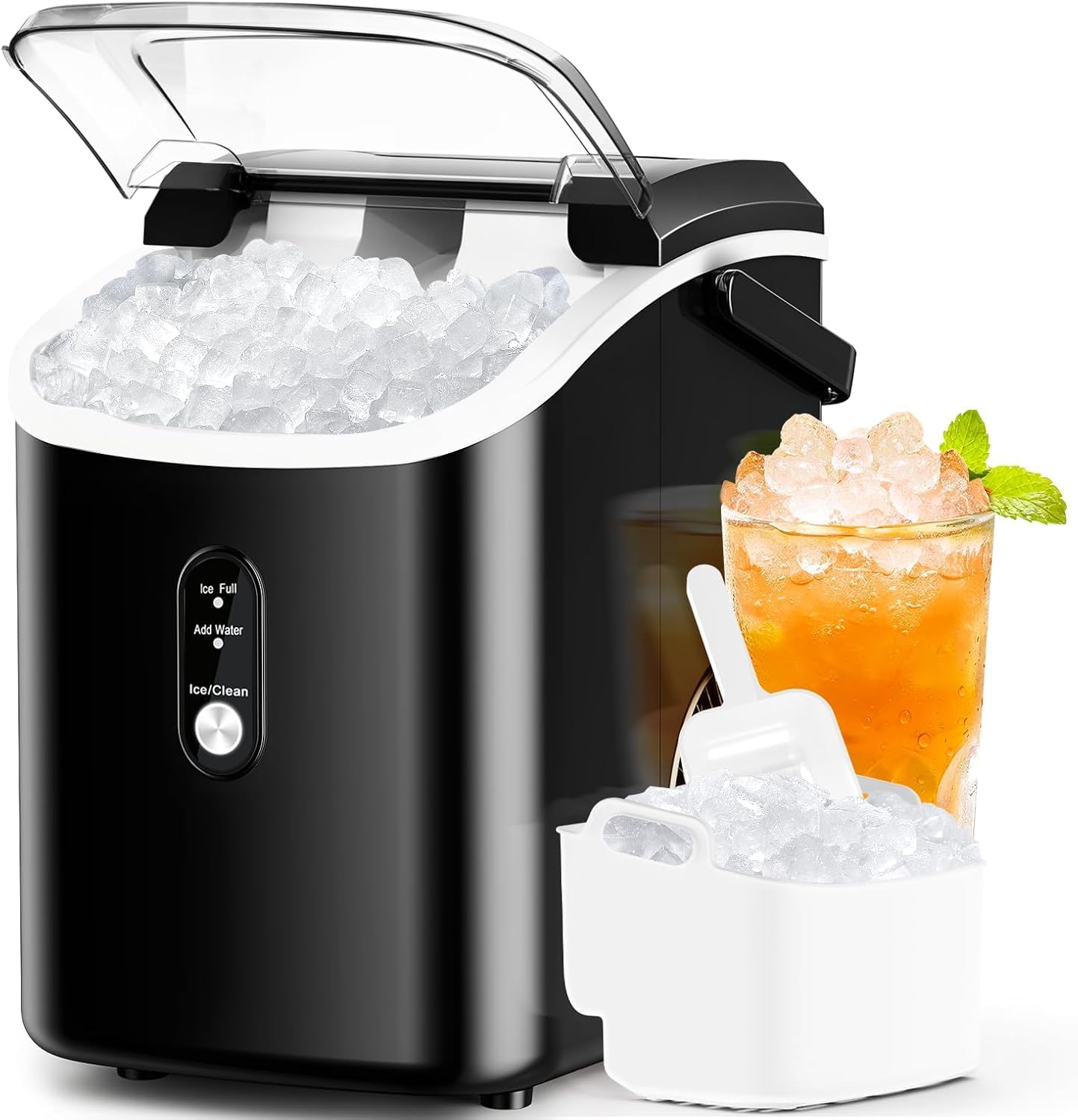 Nugget Ice Maker Countertop with Handle, Chewable Pellet Ice Maker with Self-Cleaning, 35.5Lbs/24Hrs, Ready in 6 Mins, Portable Sonic Ice Maker with Basket & Scoop for Home, Party, Camping, Black
