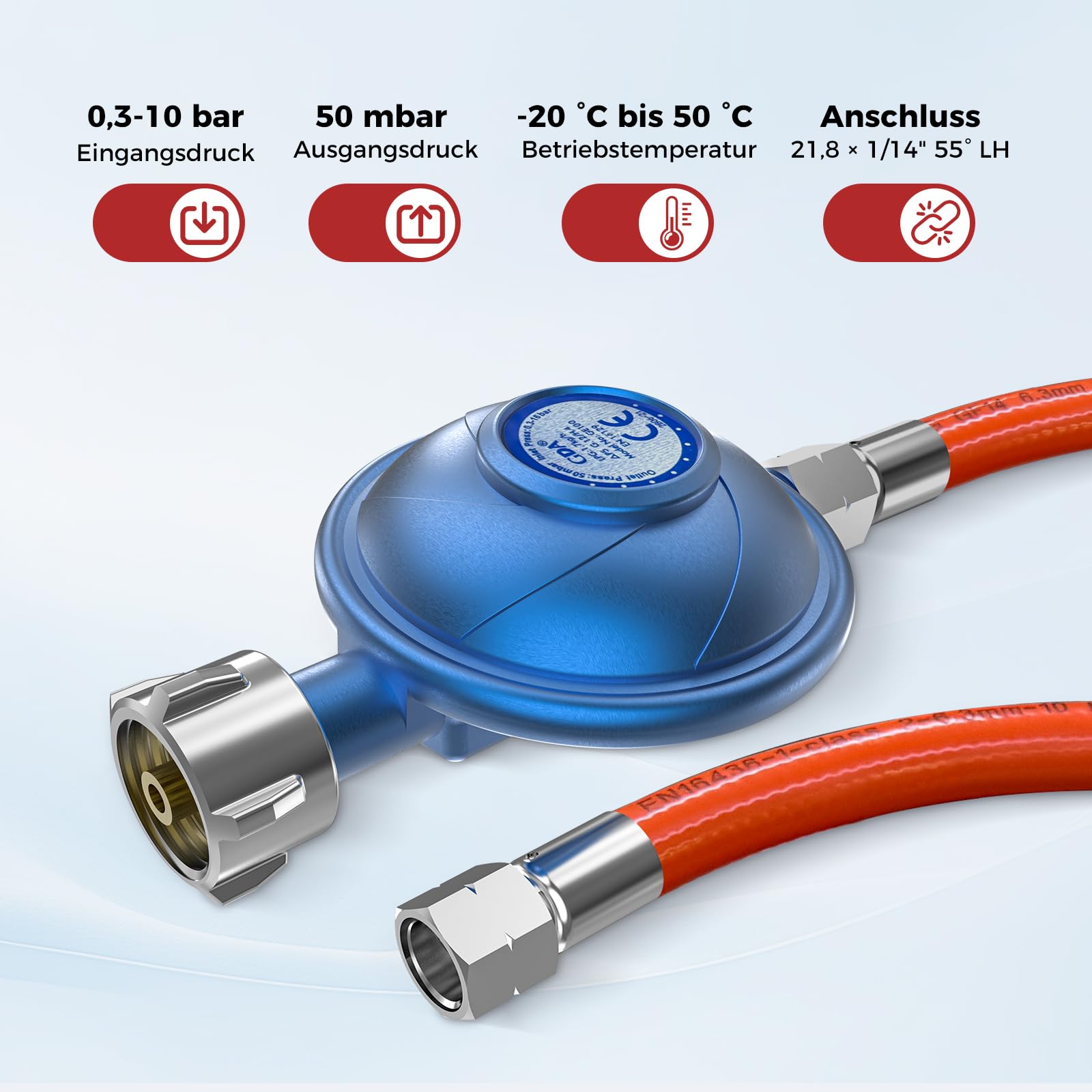 CAMPLUX GE100A Reduktor Gazu 50mbar z Wężem 80 cm, W21,8 × 1/14" LH na G1/4"-LH, Przepływ 1,7 kg/h, Regulator Gazu do Grilla Gazowego, Kuchenki i Ogrzewacza