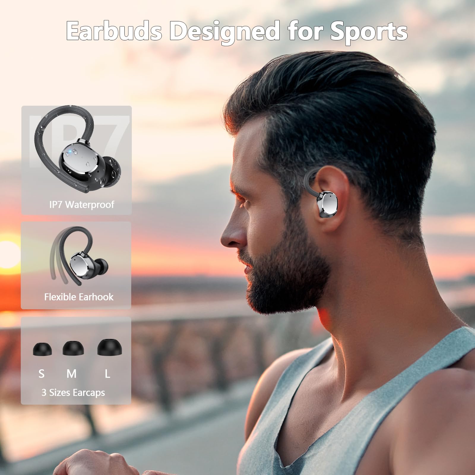 Cuffie Bluetooth, 2025 Auricolari Bluetooth 5.3 con 4 Mic, Cuffie Wireless In Ear HiFi Stereo, 128 Ore LED Display, Touch Control, Cuffie Senza Fili IP7 Impermeabili, per Sport Running, USB-C - Vista 7
