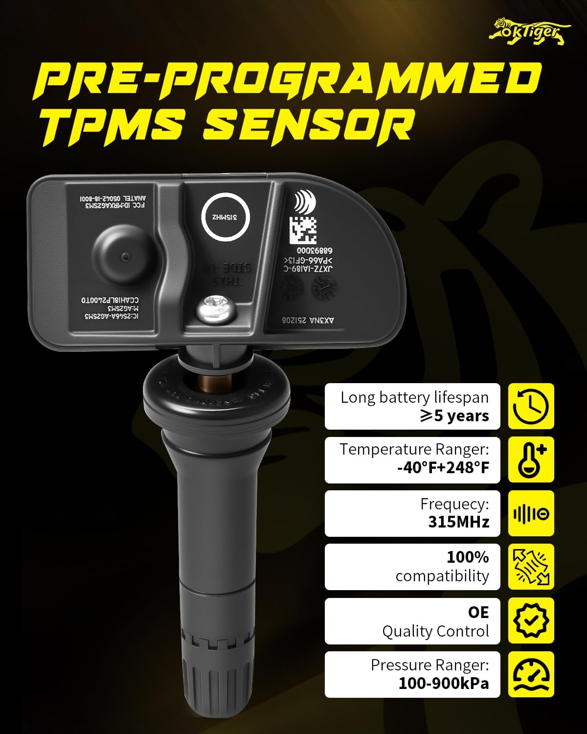 Oktiger 315MHz TPMS Sensor Pre-Programmed Fit for Ford 2020-2024 Escape, 2020-2023 Explorer, 2023-2024 Ranger, for F-150 E-Transit, for Lincoln, Tire Pressure Monitoring Sensor 4PCS OE#JX7Z1A189C
