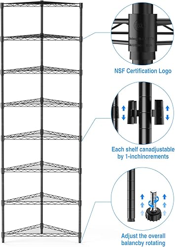 Miniatura 3 de Estantería de alambre esquinero NSF de 8 niveles, 20 x 20 x 82 pulgadas, capacidad de 400 libras, estante de almacenamiento de metal en forma de