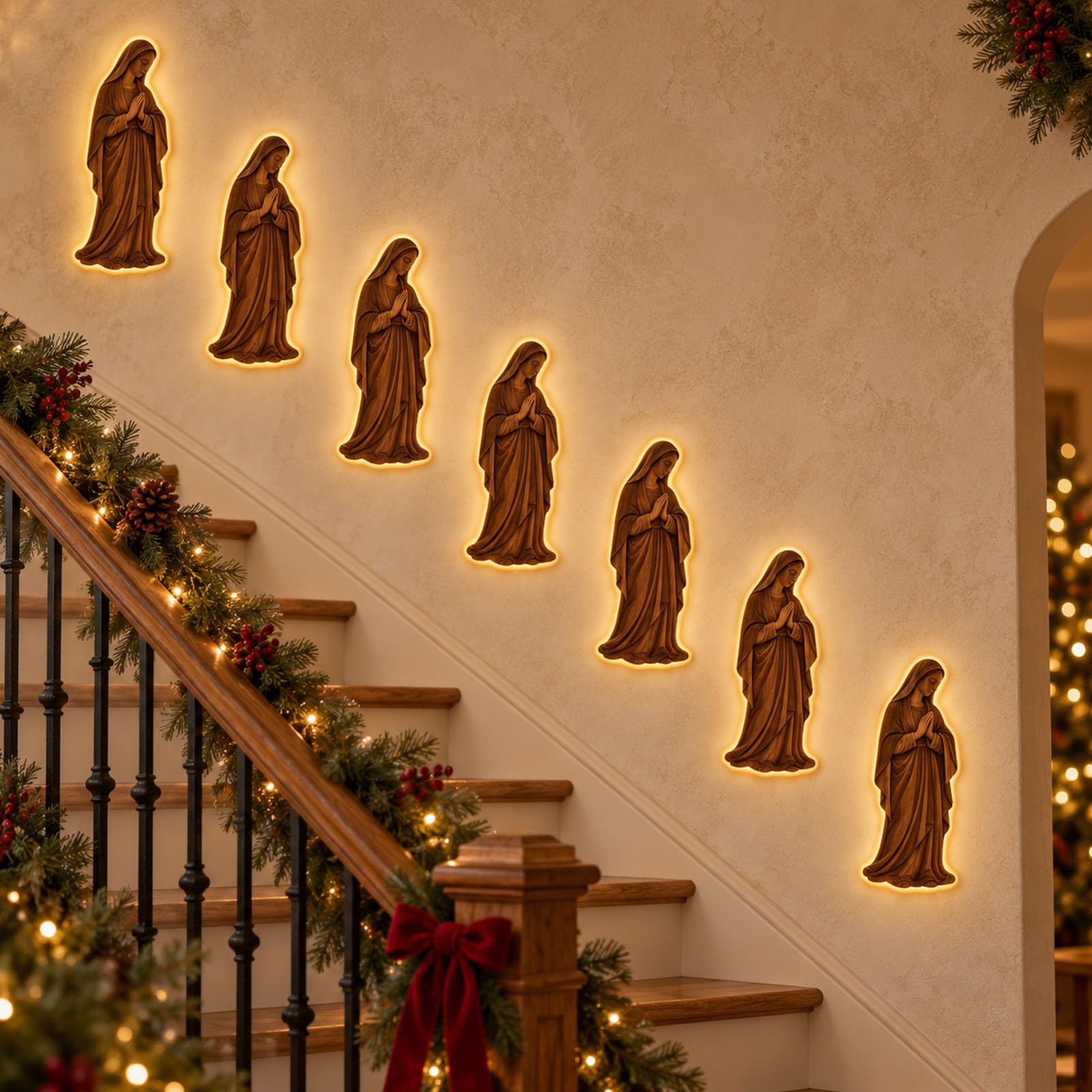 7pcs 3D Light Up Wooden The Virgin Mary Christmas Wall Decor with Warm LED