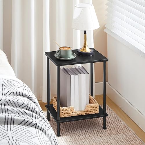 Miniatura 4 de HOOBRO Juego de 2 mesas auxiliares pequeñas, mesita de noche con estantes de almacenamiento de 2 capas, mesa de sofá para espacios pequeños, sala de