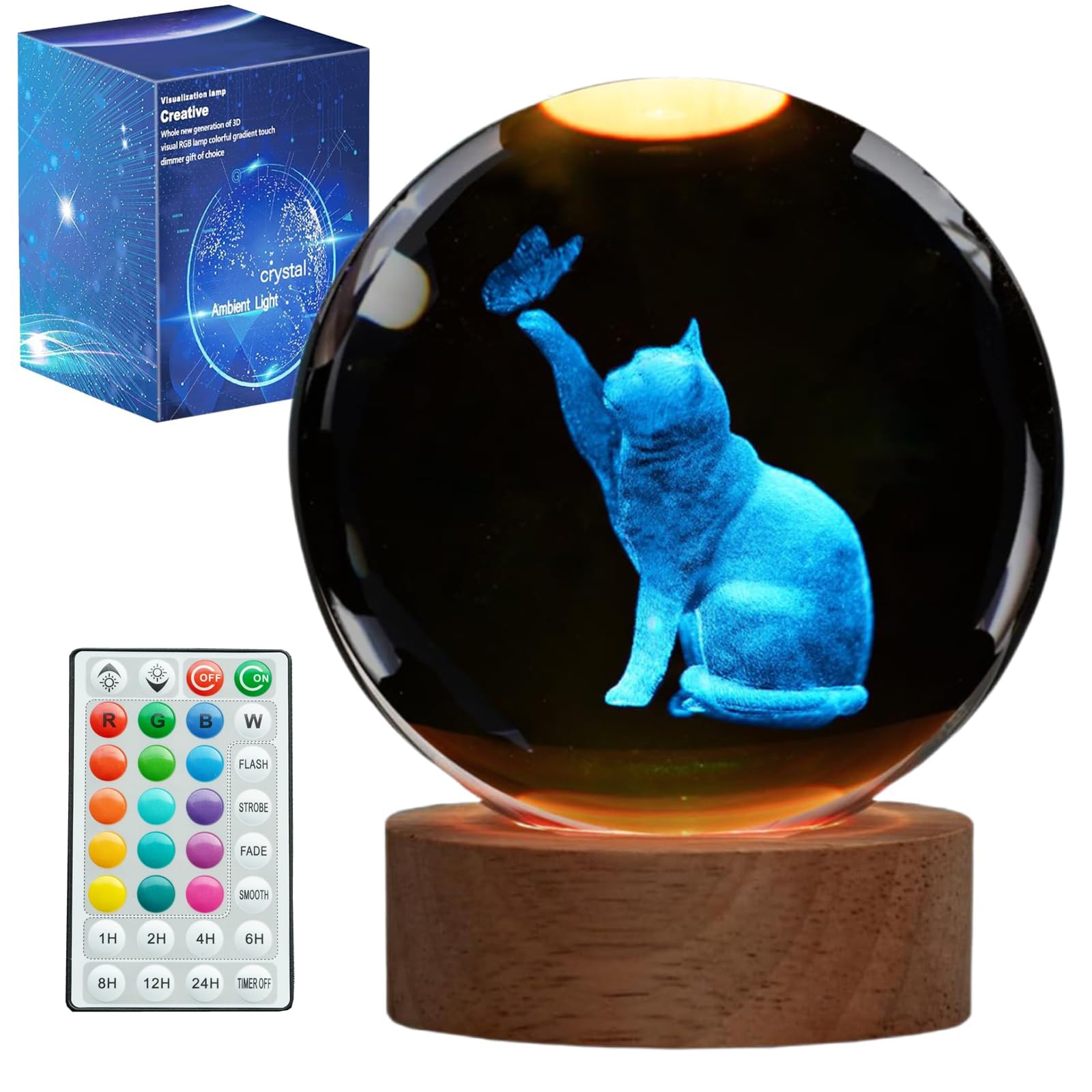 Posshe Girls Cat Night Light, Themed Gifts For K9 3.15 Inch(80Mm) Crystal Ball Night Light With 16 Colors Remote Upgraded Lamp For Birthday Xmas Cool Figurines Sympathy Gifts For Room Decor