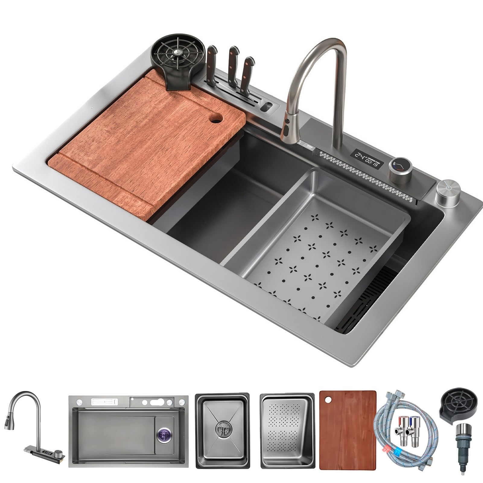 ZQFHSX Top Mount Waterfall Kitchen Sink Workstation, Stainless Steel Nano Single Bowl Bar with Pull-Out Faucet, Cup Washer, and Complete Accessory Set, Quiet Operation(Gray,75x46cm)
