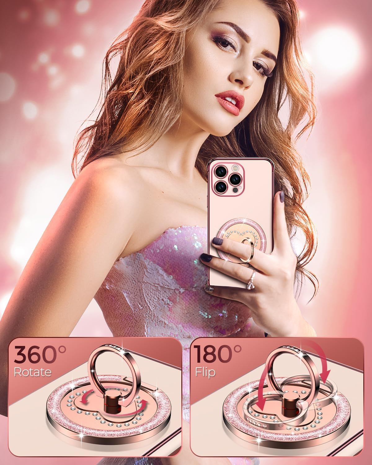 Silverback for iPhone 16 Pro Max Case with Stand, Rotatable Ring Holder & Makeup Mirror, Women Girls Glitter Sparkle Heart Design Protective Cover for iPhone 16 Pro Max 6.9 inch, Pink - Image 4