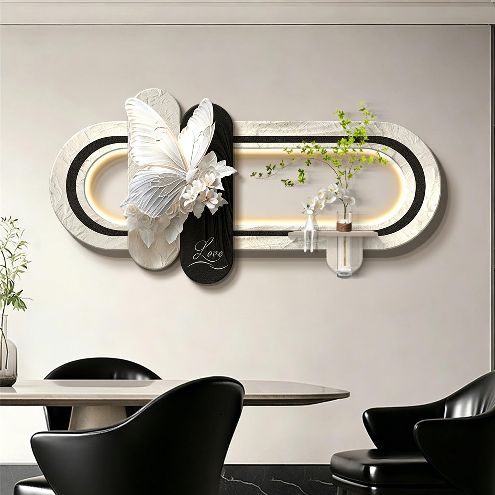 LED Sandstone Wall Decor, Butterfly Wall Sculpture Painting Decor with Glass Vase & Lights, Hydroponic Greenery Entrance Hanging Decor for Entrance Office Corridor(C,60 * 120cm)