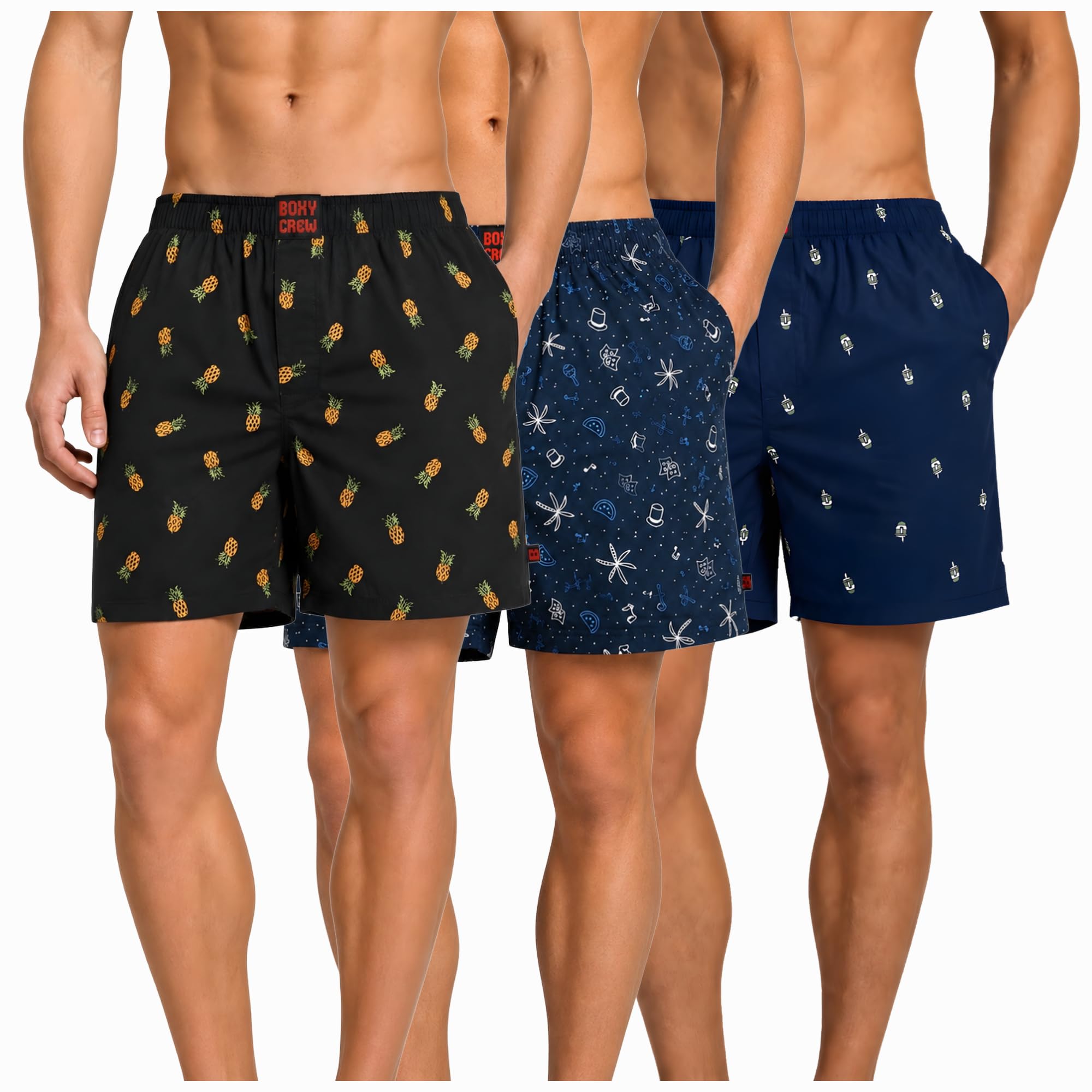 Men's 100% Cotton Boxer Shorts Pack of 3, Charcoal, Navy Blue & Navy Blue | Woven Boxers with Side Pockets, No-Marks Elastic Waistband, Breathable Relaxed Fit | Style 004-007-011-image-29