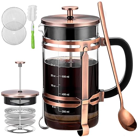 French Press Coffee Maker (34 oz) with 4 Filters - 304 Durable Stainless Steel,Heat Resistant Borosilicate Glass Coffee Press,BPA Free,Brown（include 1 cleaning brush,1spoon and 2 spare filter screen）