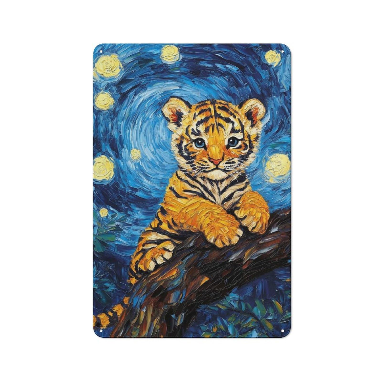 Tiger Cub in Starry Night Style Vintage Metal Wall Decor 30x20cm, Garage Metal Sign for Workshop, Basement, Shed Or Games Room