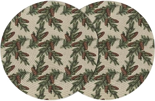 Paquete de 2 manteles individuales redondos trenzados, conos de pino de invierno de 15 pulgadas, lavables, resistentes al calor, para cocina, mesa
