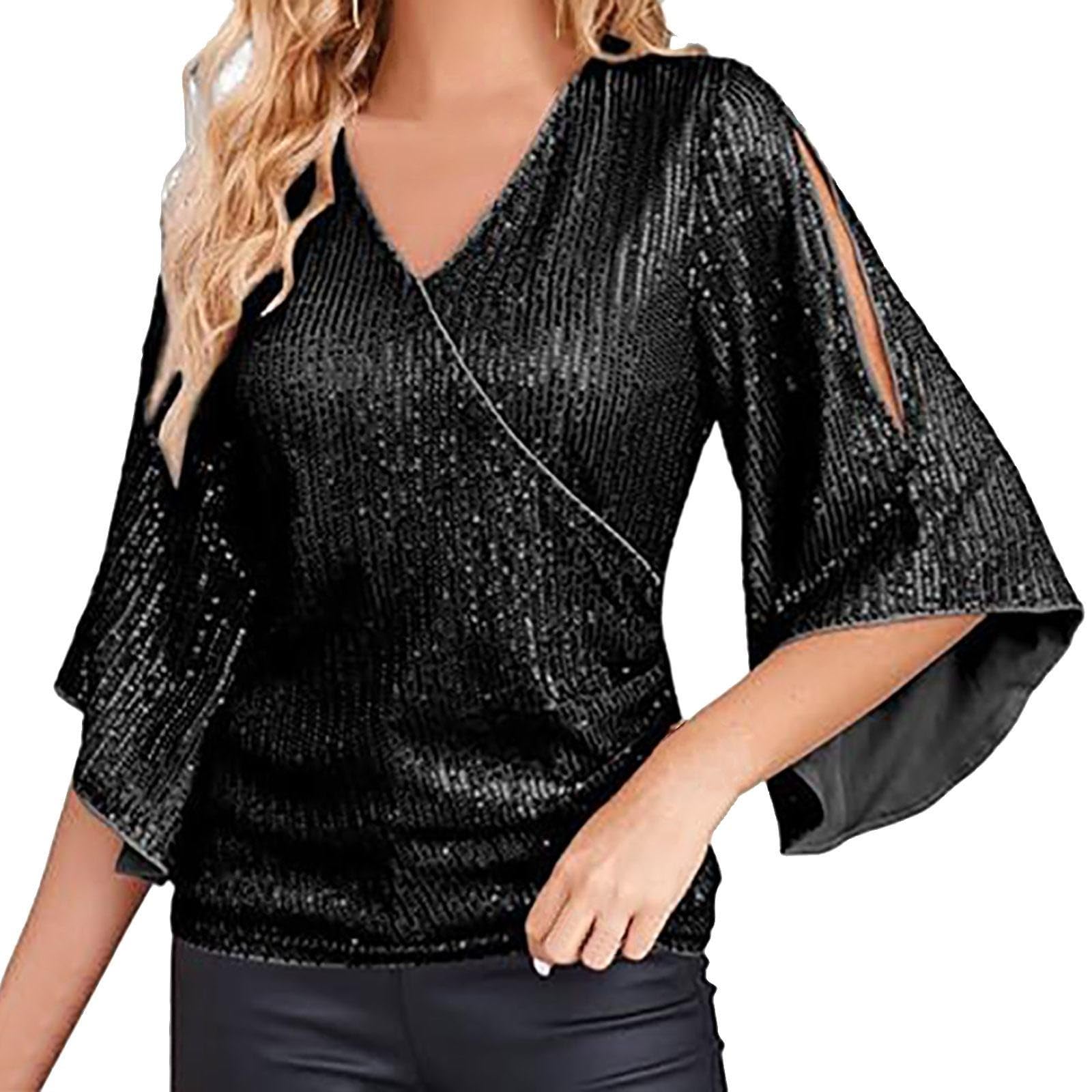 Camiseta con lentejuelas para mujer, talla grande, manga con volantes, camiseta informal holgada, alta color liso, camiseta de fiesta, camiseta de carnaval, camiseta de mujer, cuello en V, chic