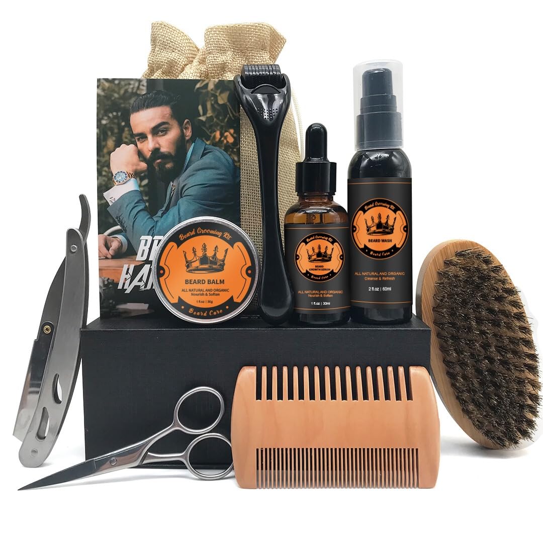 GuangYing-Premium Beard Grooming Set for Men,Beard Oil, Beard Wash，Beard Balm，Stainless Steel shaver,Beard Brush, Dual Teeth Comb,Beard Roller Needle,Barber Scissors & storage bag