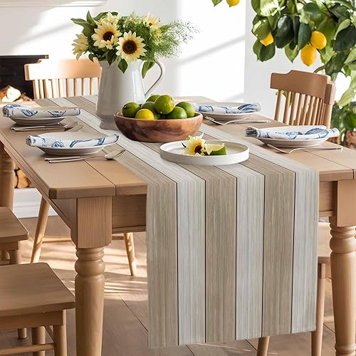 Miniatura 262 de Camino de mesa de algodón y lino estilo granja rústico retro, textura de madera de granero, color degradado marrón y gris, antideslizante,