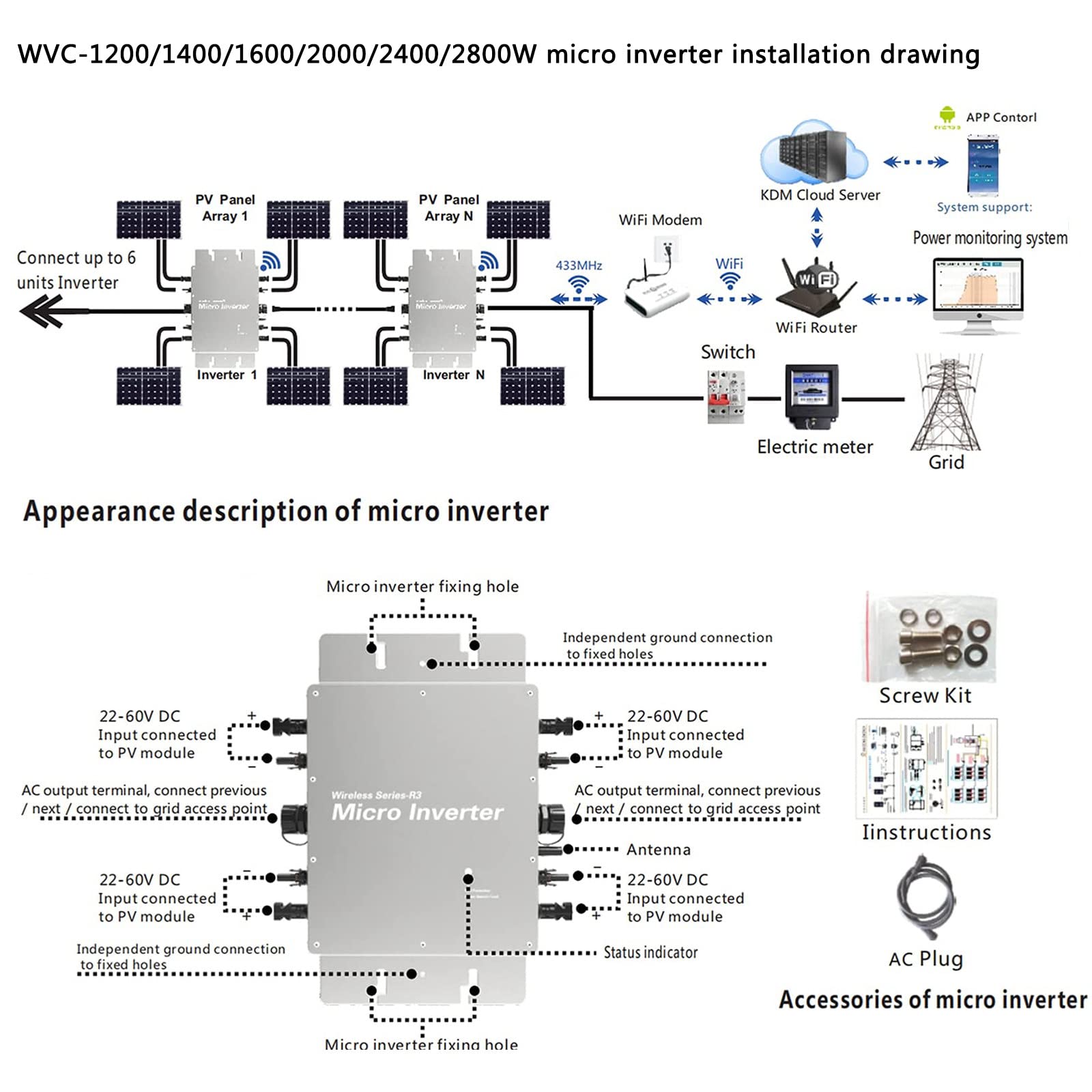 Inverter solare a legame a griglia, micro inverter MPPT per moduli fotovoltaici, centrale elettrica da balcone, 2400 W