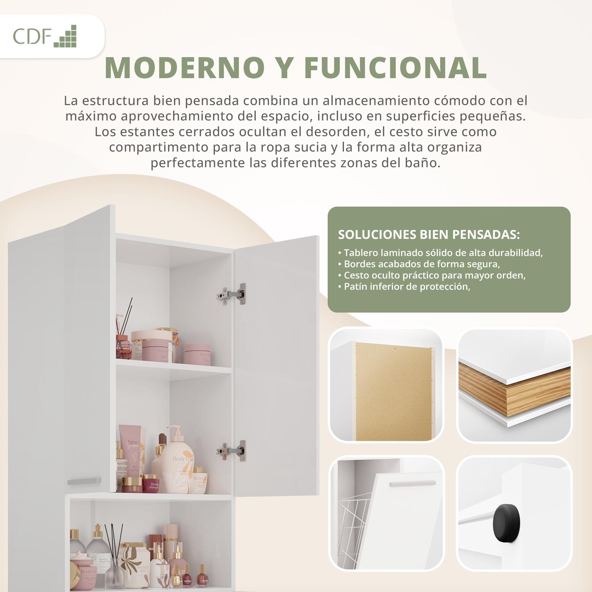 CDF Armario de Baño con 1 Cesto Ropa Sucia, Armario Alto, Bolsa de Ropa Extraíble con Asas Compartimento con Puerta 30 x 60 x 174 cm Bianco Brillo Montaje Sencillo