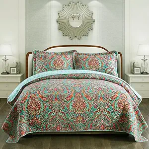NEWLAKE Cotton Bedspread Quilt Sets-Reversible Patchwork Coverlet Set, European Gorgeous Floral Pattern, King Size