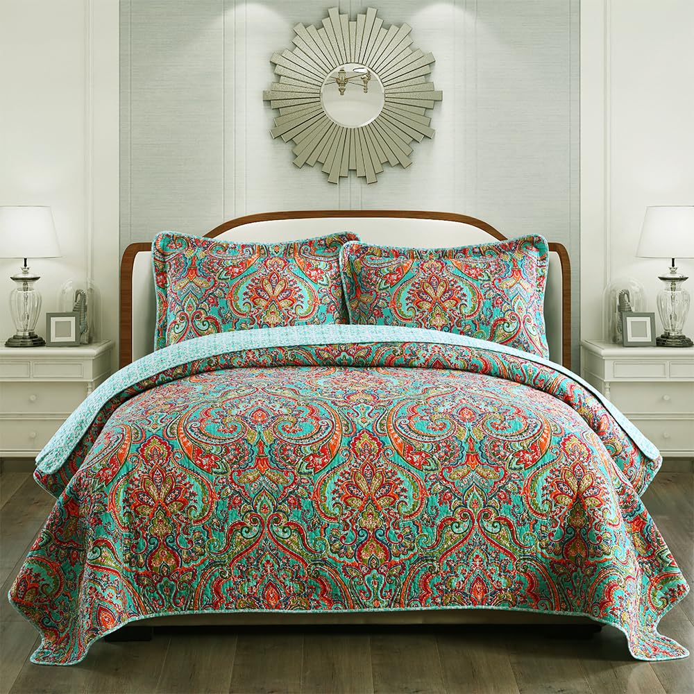 NEWLAKE Cotton Bedspread Quilt Sets-Reversible Patchwork Coverlet Set, European Gorgeous Floral Pattern, Twin Size