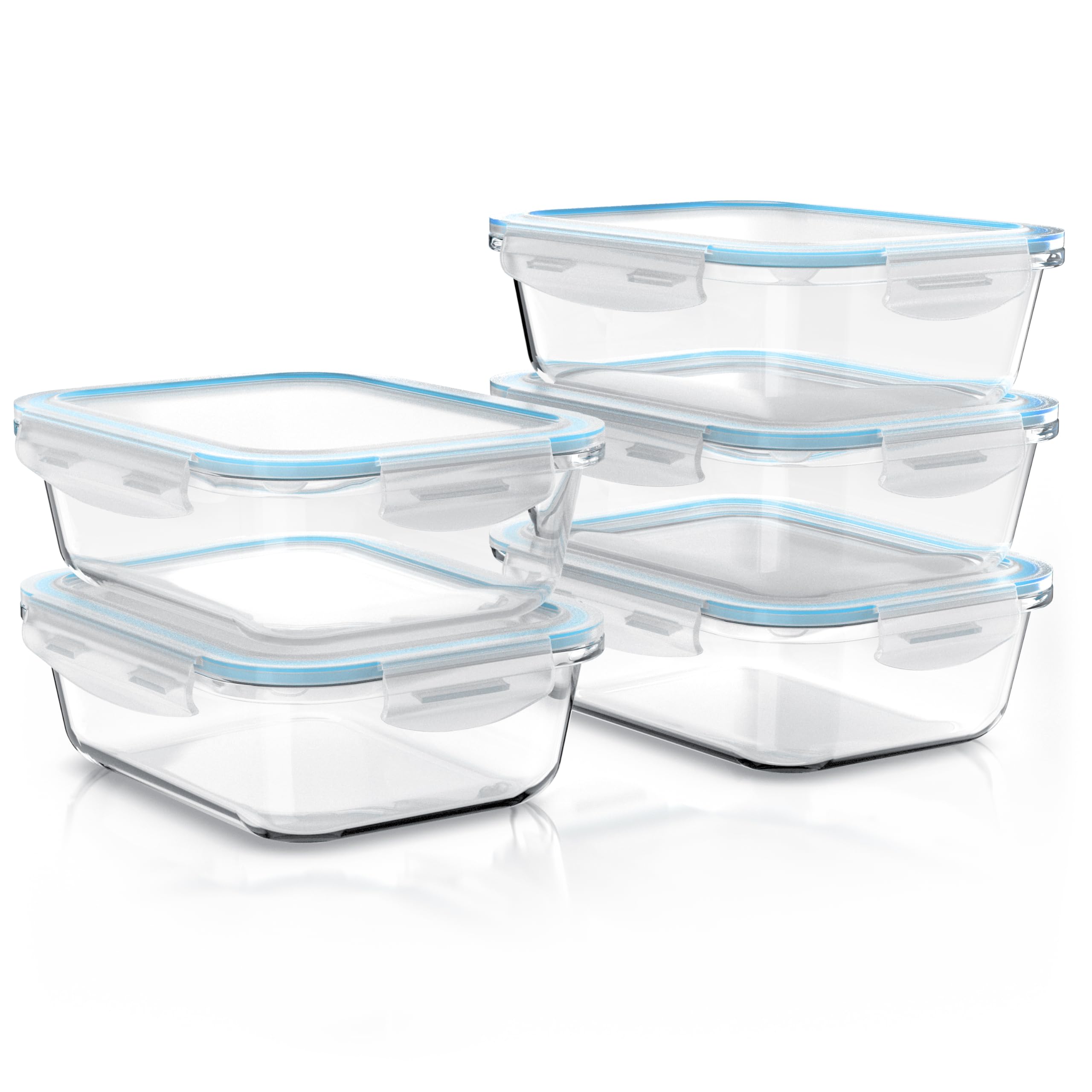 Arendo - Glas Frischhaltedosen Vorratsdosen für Lebensmittel mit Deckel luftdicht - 5er Set - 1050 ml - für Mikrowelle Ofen Gefrierschrank - Spülmaschinen geeignet - Lunchboxen Meal Prep Boxen Set