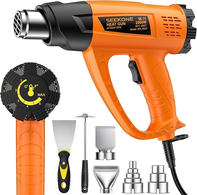 2000W Heat Gun, SEEKONE Variable Temperature 60- 600 Hot Air Gun Kit with 2 Airflow Speeds, Ceramic Heating Core Overload Protection 7 Accessories for Removing Paint, Shrinking PVC