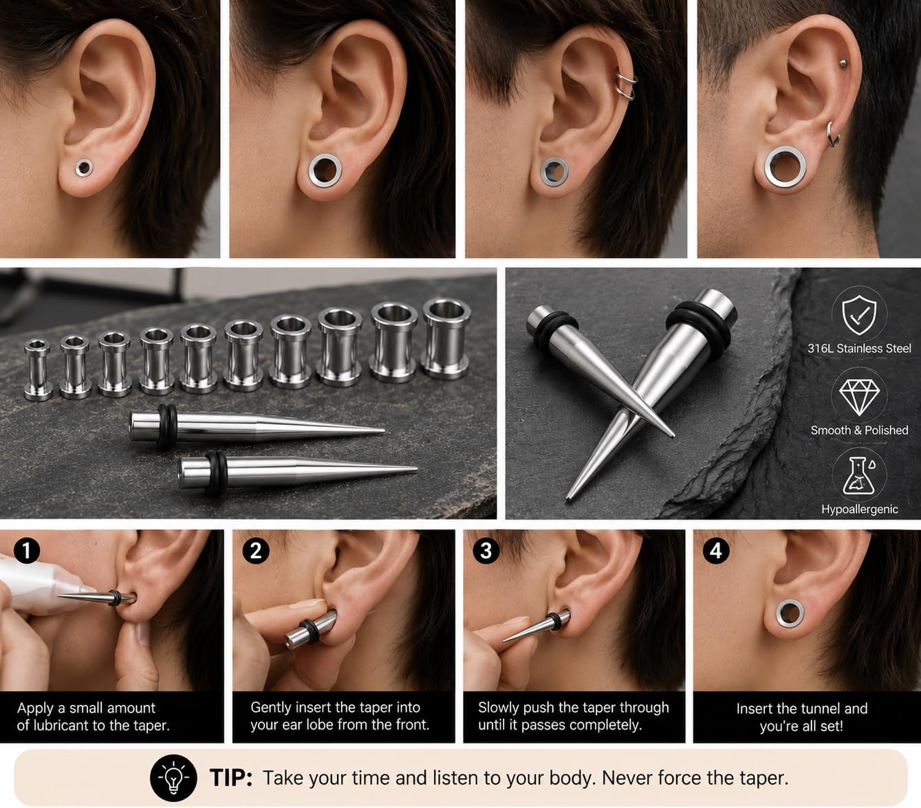 Stainless Steel Ear Taper & Tunnel Kit, Ear Stretching Set