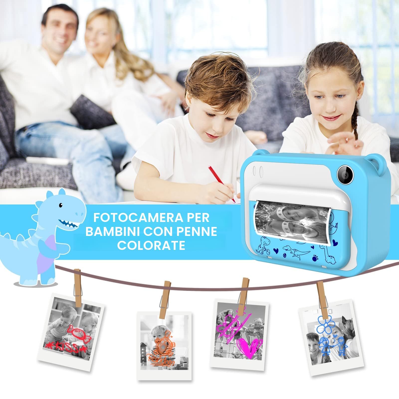 Ushining Macchina Fotografica Istantanea Bambini, 2,4 Pollici Fotocamera Istantanea Bambini, 12MP/1080P HD Videocamera con 32GB SD Scheda 3 Rotoli di Carta da Stampa 5 Penne Colorate, Blu