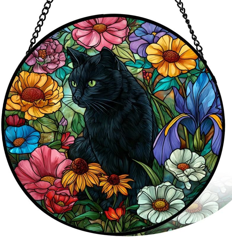 11.8in Stained Glass Window Hanging， Black Cat and Colorful Flowers Sun Catchers Indoor Window， Core Decor Inside and Outside The Cottage， Gifts for Women -721