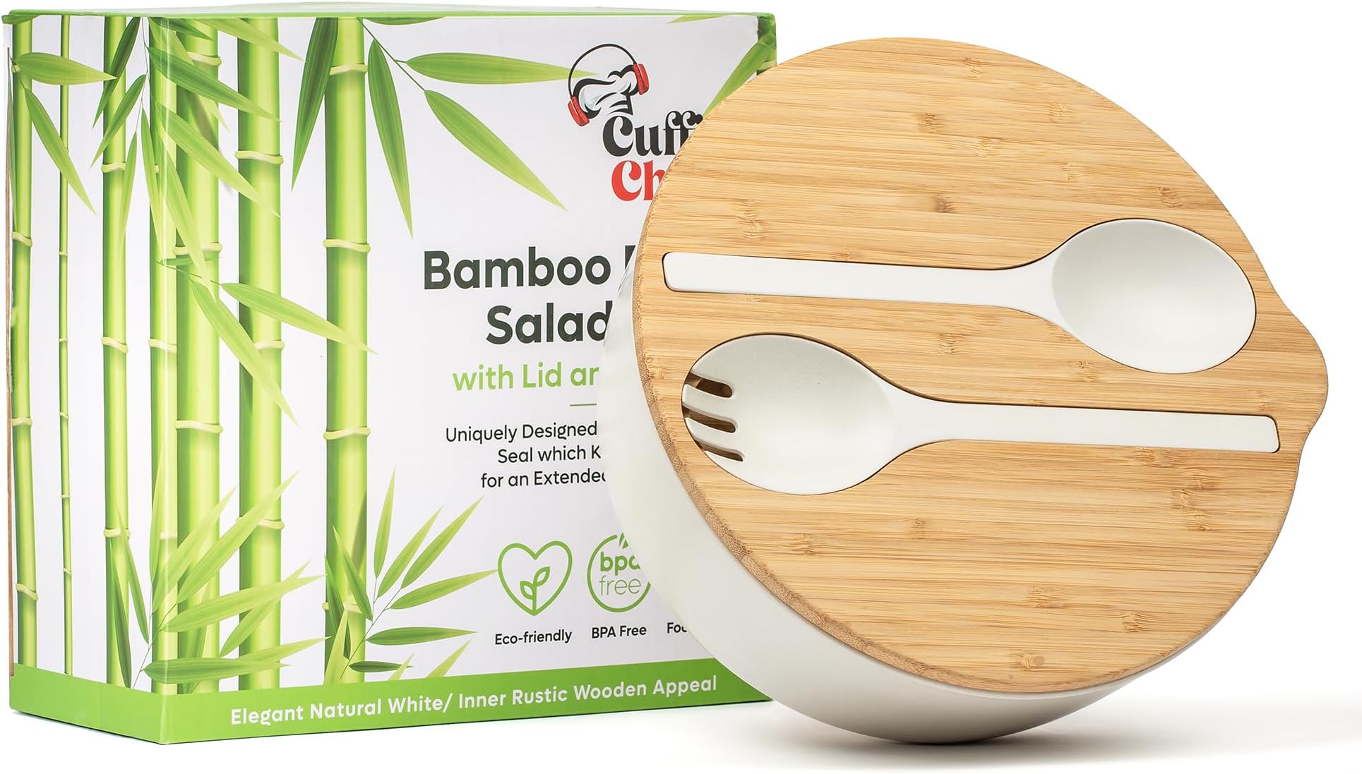 Salad Bowl Set, Bowl with Lid, Rustic Large Salad Bowl with Lid, Made from Bamboo Fibers and Melamine, Comes Complete with Bowl, Silicone-Lined Lid, 2 Salad Utensils