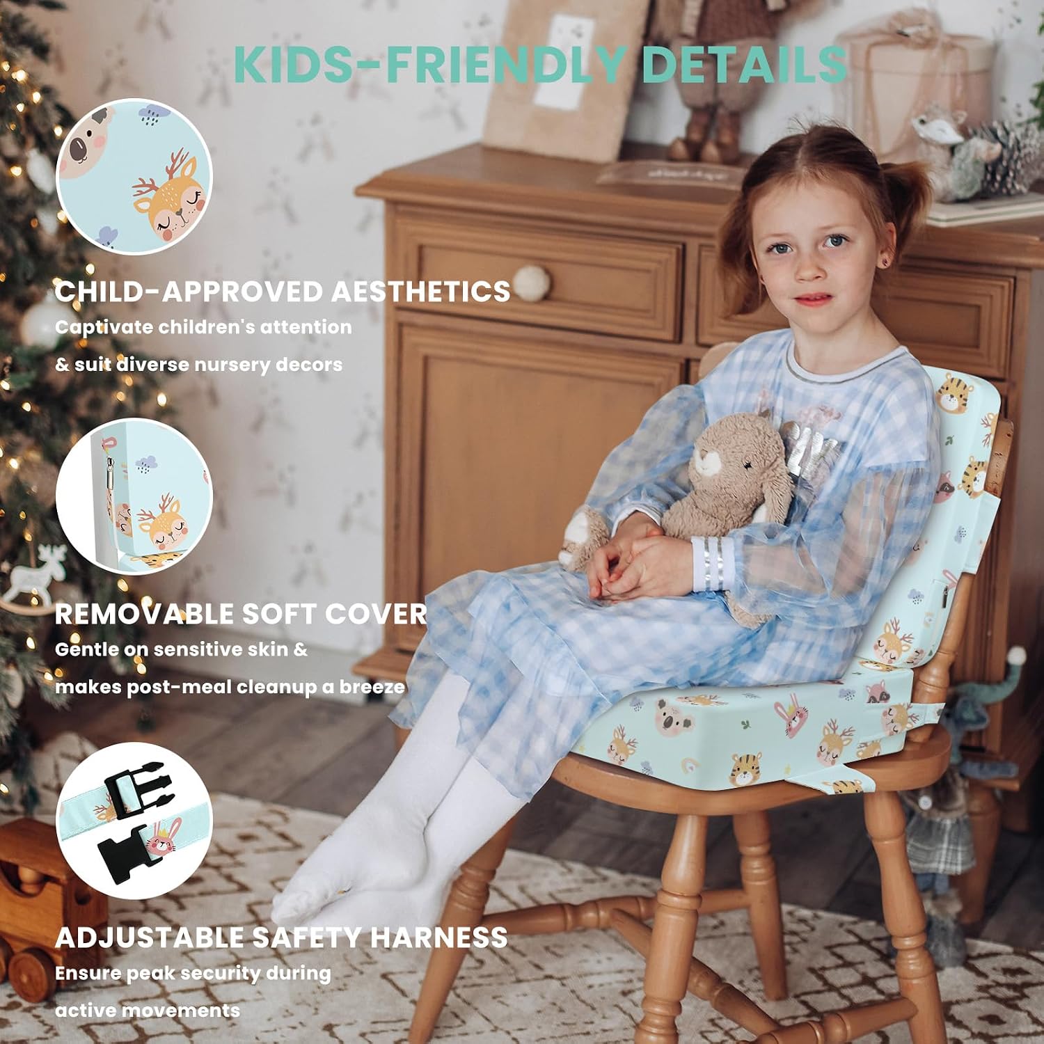 Booster Seat for Kitchen Chair, Kids Booster Seat with Back for Dining Table, Washable Non-Slip Bottom with Buckle, Kids Travel Outdoor Booster Seat (Woodland Animals)