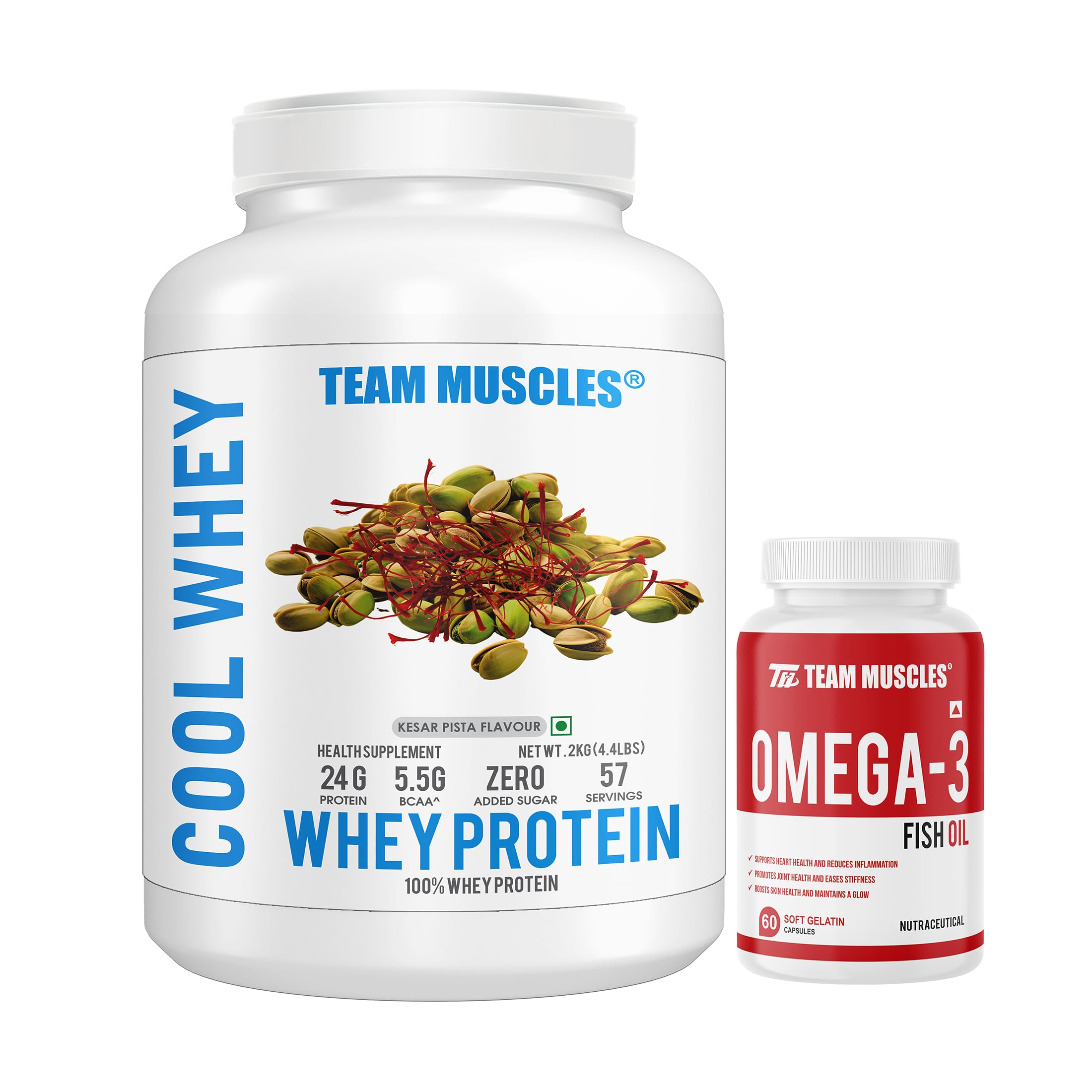 Team Muscles Cool Whey 100% Whey Protein, 2kg, With TM Omega Fish Oil- 60 Soft Gelatin Capsules (Kesar Pista)
