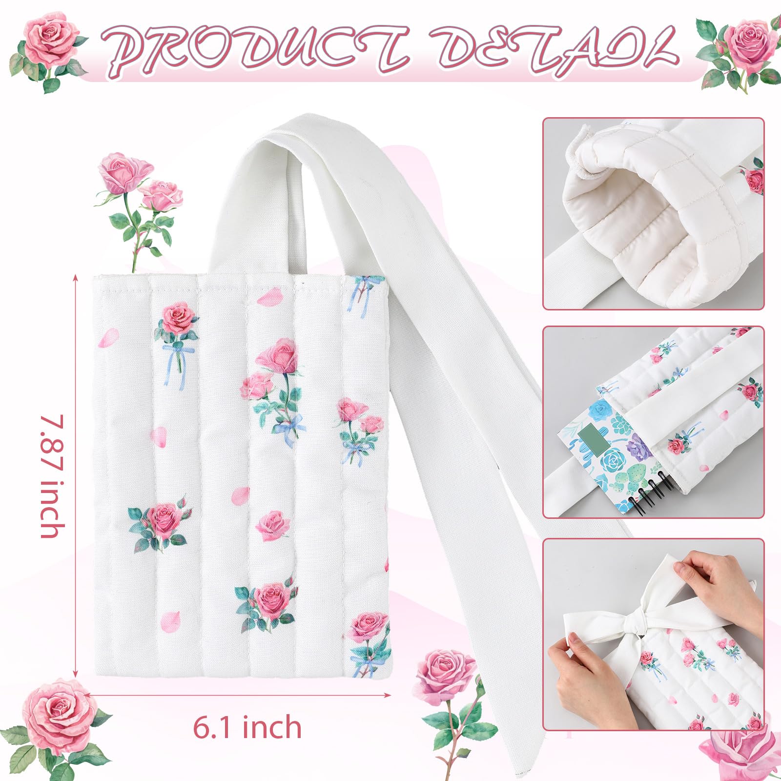 Clabby Quilted Bible Book Cover Sleeve Coquette Bow Padded Book Protector Watercolor Flower Washable Quilted Book Covers for Paperbacks Book Pouch with Pockets for Book Lover Gifts (Rose) - Image 2