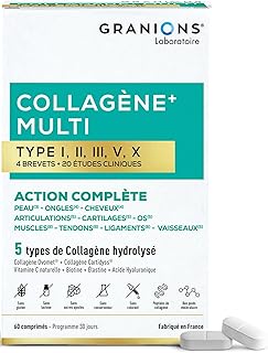 MULTI Collagene - 5 Types de Collagène - GRANIONS Collagène N°1 en Pharmacies - Collagene Marin, Collagene Type 2 - Vitamine C et Acide Hyaluronique - 20 études cliniques - 60 Comprimés = 1 mois