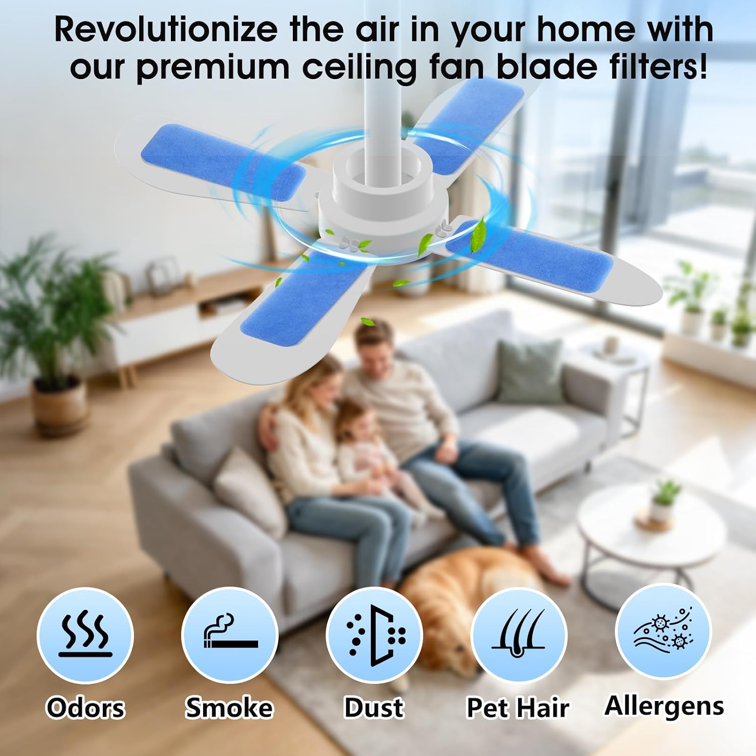 30 Pack Ceiling Fan Filters, Blue Ceiling Fan Filters for Blades,Easy-Stick Universal Air Filter for Common Household Contaminants