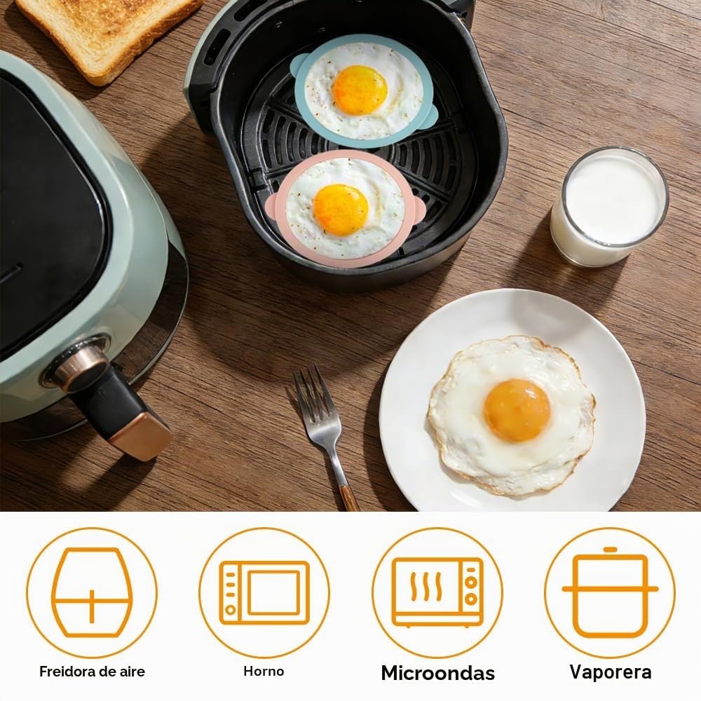 6 Piezas Molde Silicona Huevos Freidora de Aire con 2 Cepillo de Silicona, 10 cm Molde Redondo de Silicona para Tartas, Recipiente Air Fryer para Tapas de Muffins, Tostadas, Sándwiches