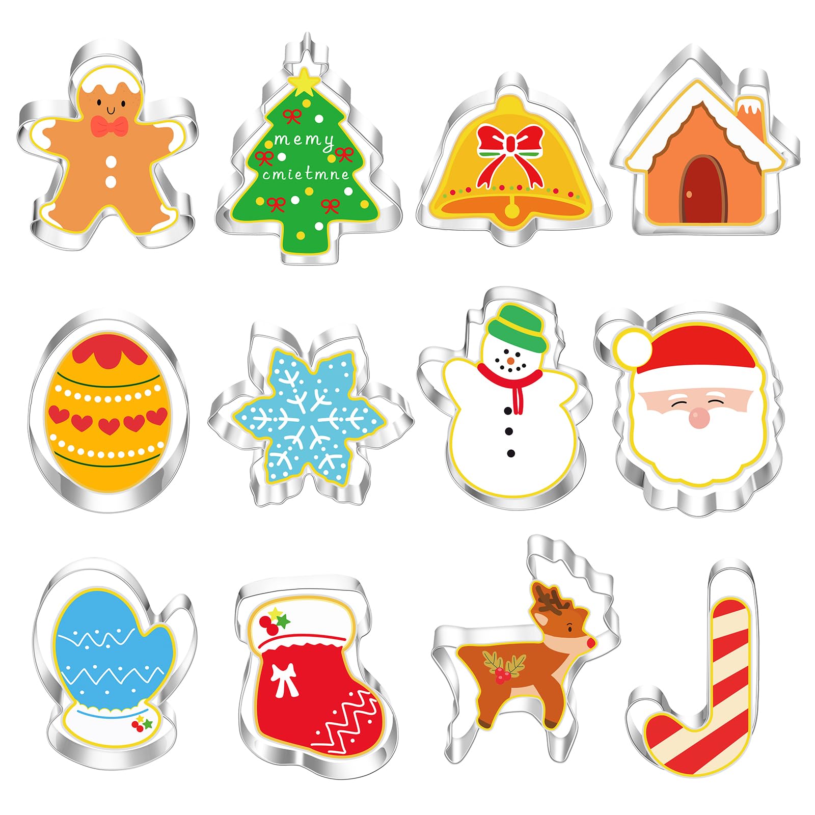 12 Pieces Christmas Cookie Cutters Set, Stainless Steel Holiday Biscuit Molds Includes Gingerbread Christmas Tree Bell House Egg Snowflake Snowman Santa Stocking Reindeer Candy Cane Baking Decorations โ image 1