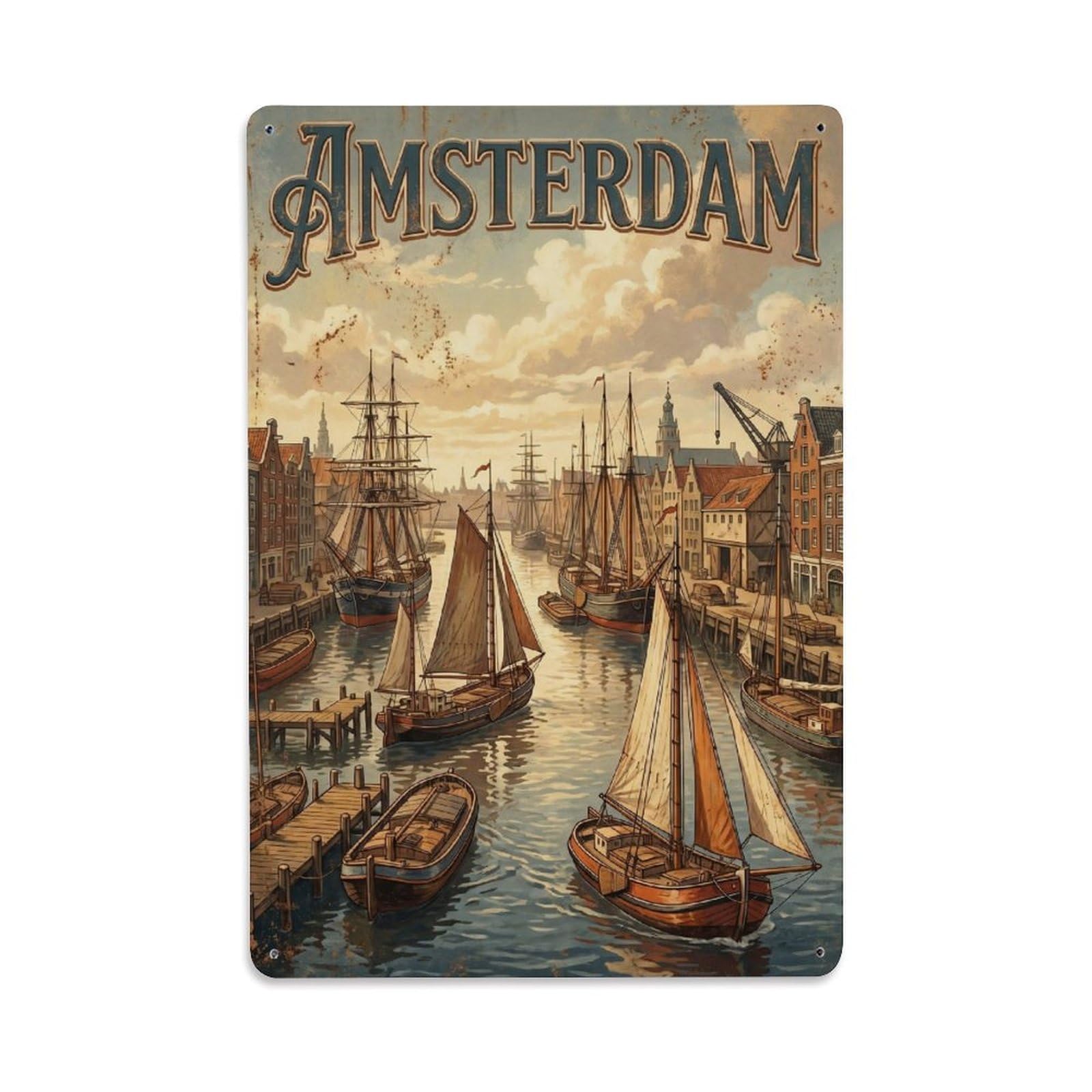 Okngb Style Amsterdam Maritime Dockyard Waterway Vintage Tourism Metal Tin Sign Plaque Wall Decor For Cafe, Man Cave, Club Bar, Office, Home Garden Round Metal Poster 8X12inch