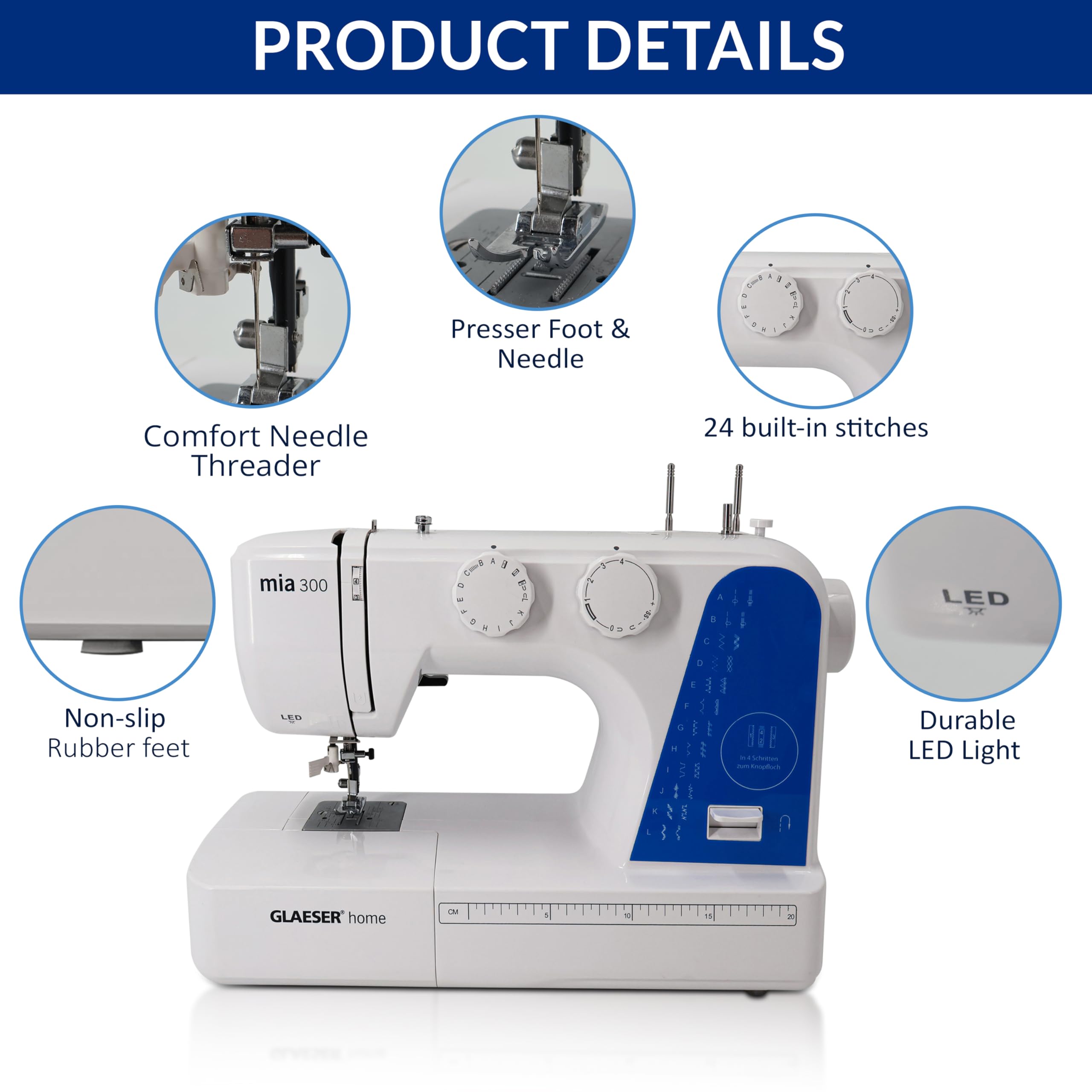 GLAESER® Home Mia 300 Nähmaschine Easy für Anfänger mit Automatischer Einfädler, 24 Stich-Varianten, Kinderleichte Bedienung