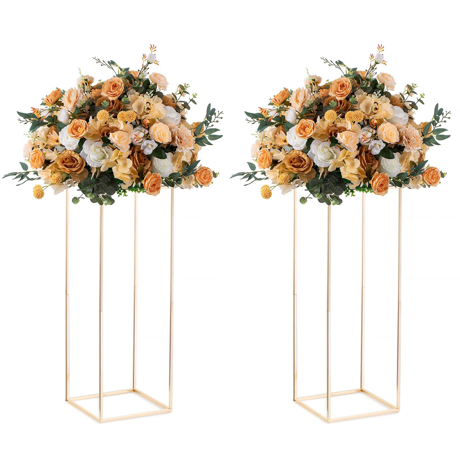 NUPTIO Gold Metall Blumenständer Vase: 80cm Hoch, mit Acrylplatte | 2 Stück, Rechteckige Geometrische Metallsäule, Blumenvasen für Hochzeit, Geburtstag, Weihnachten, Halloween, Party Deko