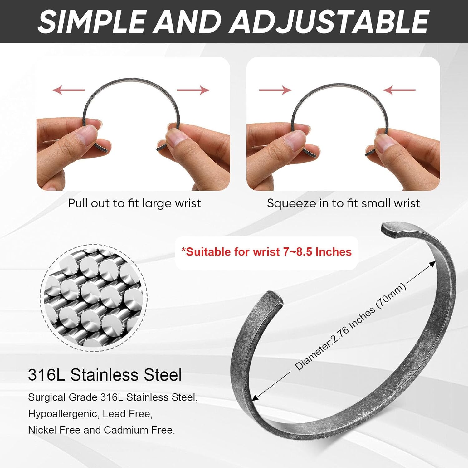 MEALGUET Stainless Steel Mens Cuff Bracelet : Minimal Cool Silver/Black/Gold Plated Open Metal Cuff Bangle Bracelets for Men,Mens Bracelet Jewelry Gift - Image 6